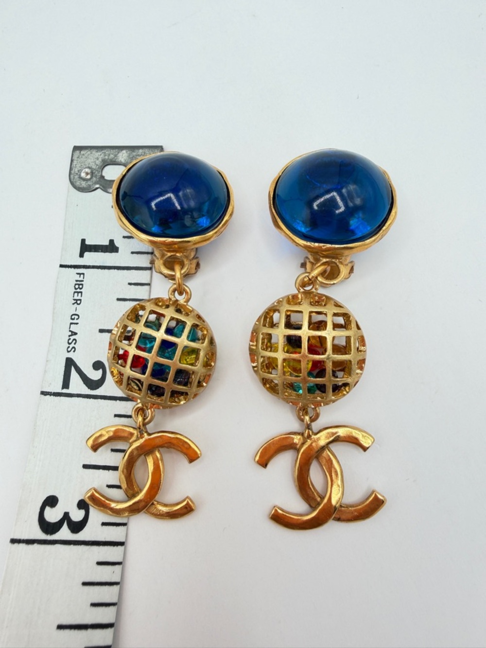 CHANEL Vintage Cage Multicolored Beads Gold Drop ClipOn Earrings Blue Gripoix CC - Picture 6 of 11